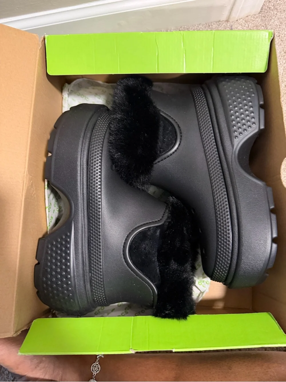 CROCS Black Faux-Fur Cuff Winter Clog Boots